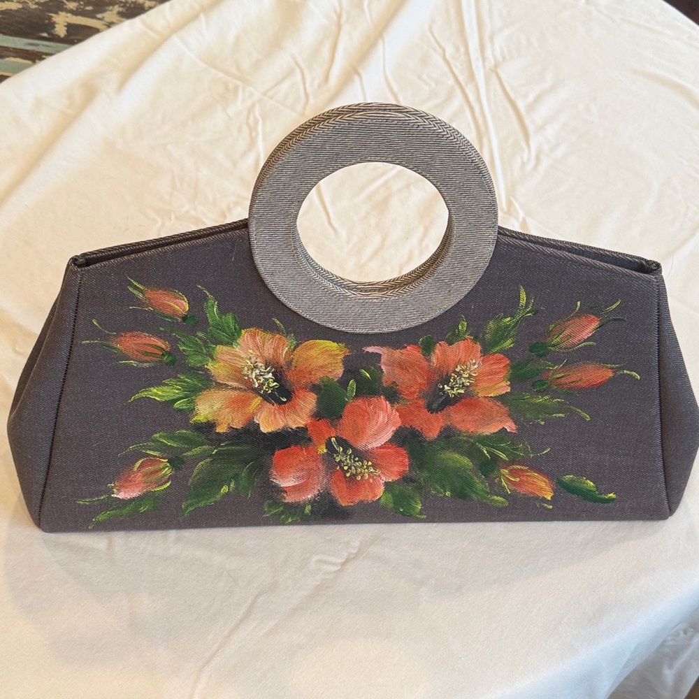 Floral Gray Handbag with Silver Handle